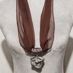 Brown Scarf Silver Rose Necklace Boho Cottage Fairy Y2K 90s Whimsigoth Eclectic